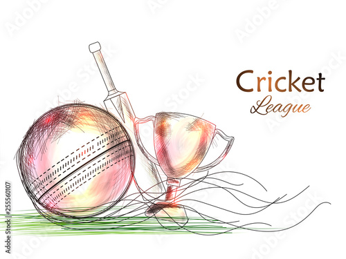 Hand draw illustration of cricket playing equipment for Cricket League poster or flyer design.