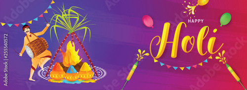 Holi festival celebration header banner or poster design with illustration of dholi (Drummer) playing dhol (Drum) and holi fair for color celebration on color stroke background