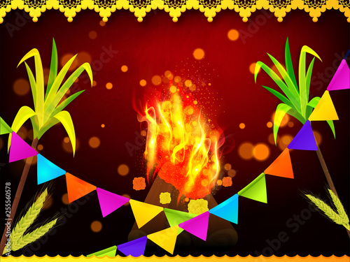 Holi festival celebration poster or flyer with bunting decoration, bonfire and sugarcane on brown background.