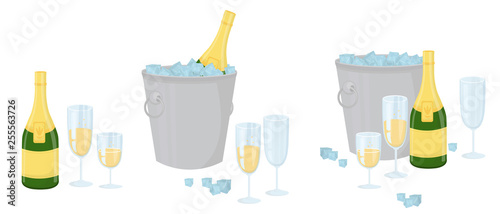 Holiday set for birthdays, weddings, anniversaries and other celebrations with objects: champagne, glasses, empty glass, ice bucket, ice.
