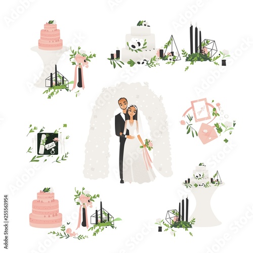 Vector flat bride and groom wedding ceremony icons