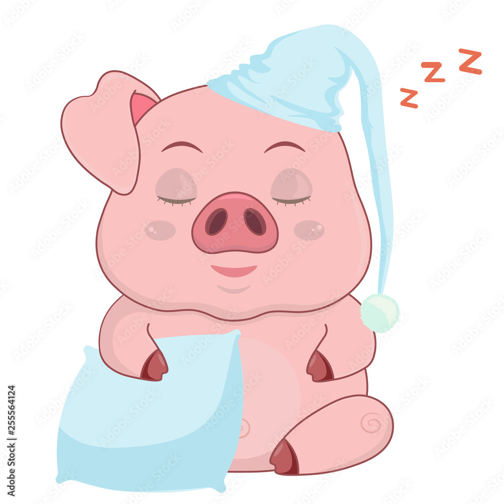 Cartoon cute pig sleeping in a night cap with a pillow.