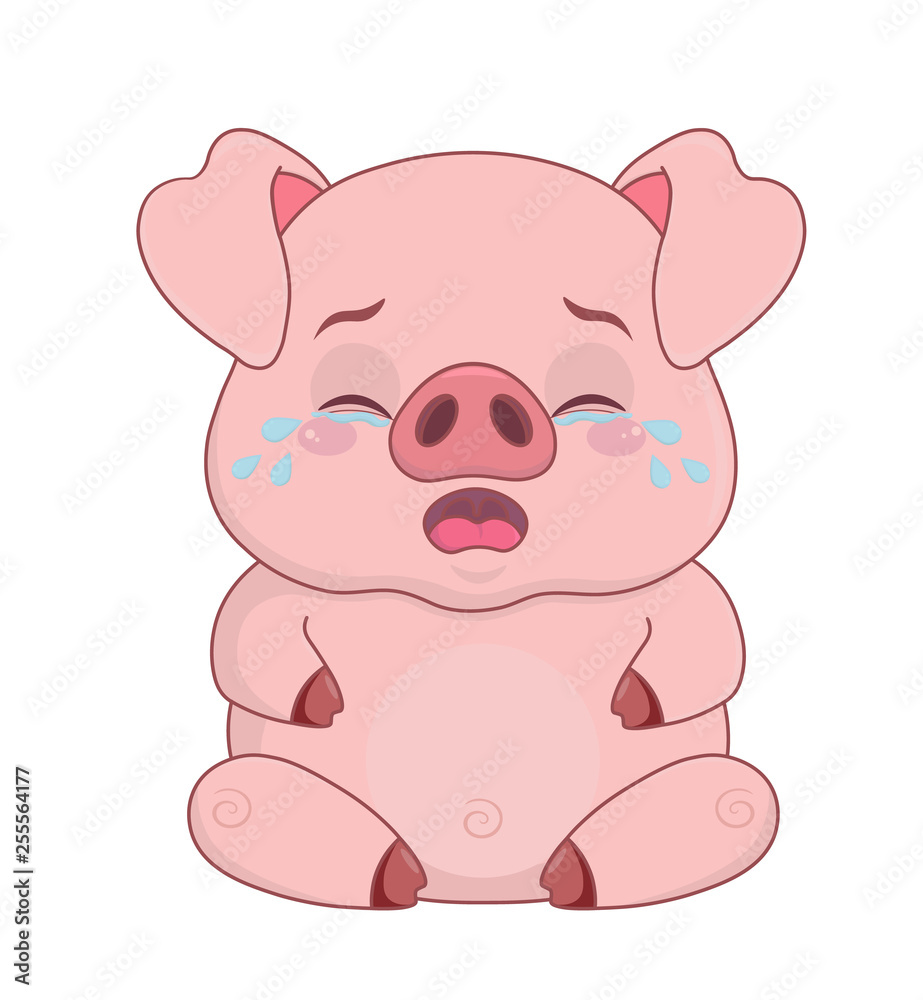 Piggy cartoon smiley sticker. Sad crying pig with tears. Piggy cartoon smiley sticker. Sad crying pig with tears.
