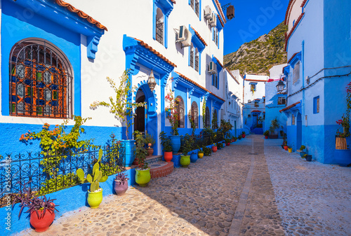 Blue walls of Chefchaouen city medina in Morocco with bright doors and colorful flower pots with sun light.  A magical fairy tale city of heavenly color