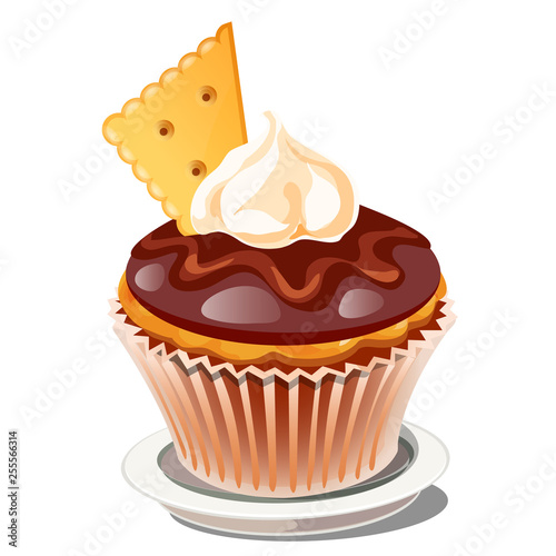Cupcake with whipped cream and brown chocolate icing with the decoration of cookies isolated on a white background. Cartoon vector illustration close-up.