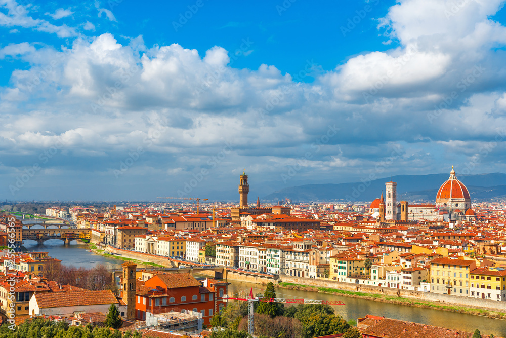 Aerial view of Florence with Ponte Vecchio, river Arno and Florence Duomo, Tuscany, Italy