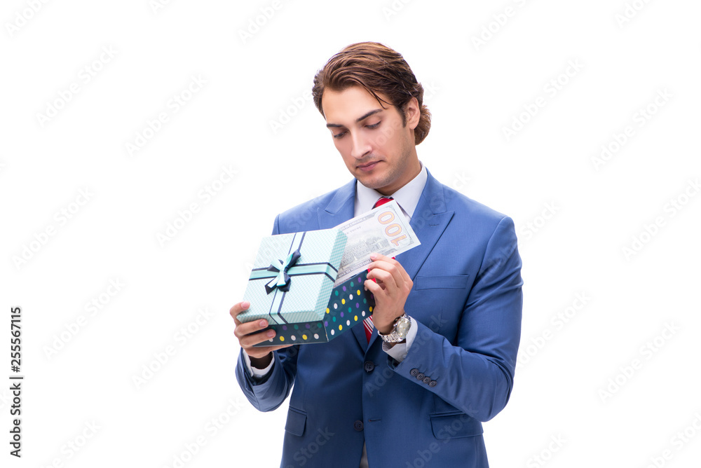 Elegant businessman with giftbox isolated on white Elegant businessman with giftbox isolated on white