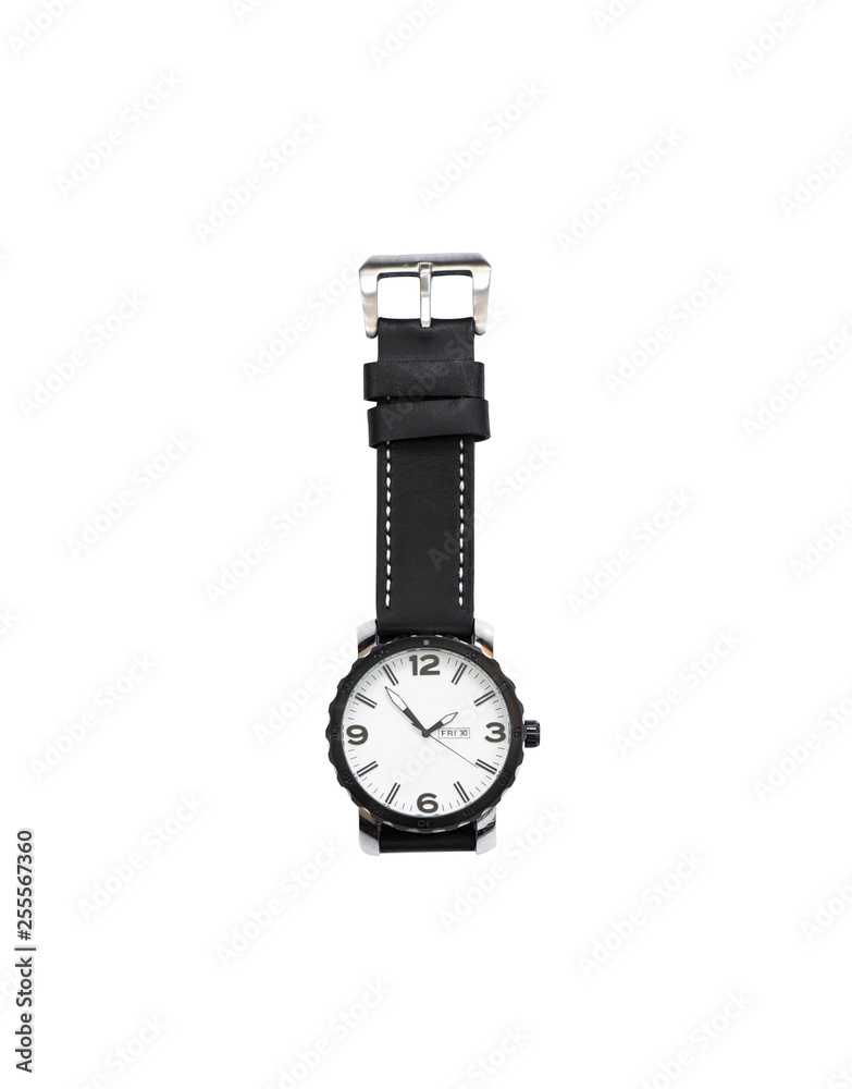 Luxury fashion watch with black dial and black leather watch band. top view, clipping path Luxury fashion watch with black dial and black leather watch band. top view, clipping path