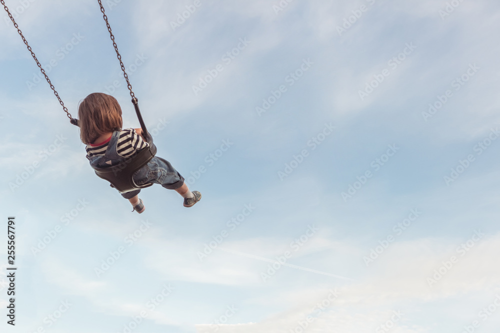 Little girl on a swing and a blue sky with some cloud.