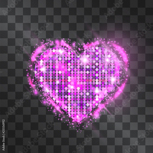 Mosaic heart shape light effect background. Shining tile sparkles on transparent backdrop. Dim neon pink halo. Love vector symbol  relationships. Hazy banner greetings card for Valentine s day.