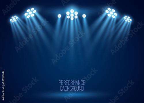 Floodlight, light projectors vector set before the evening show on the scene. Presentation, concert banner. Night entertainment event, premiere poster. Club illumination for party, sport performance. photo