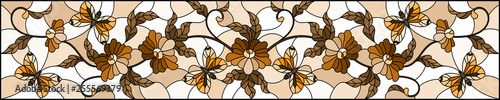 Illustration in stained glass style with abstract curly  flower and  butterfly on brown background   horizontal image Sepia monochrome
