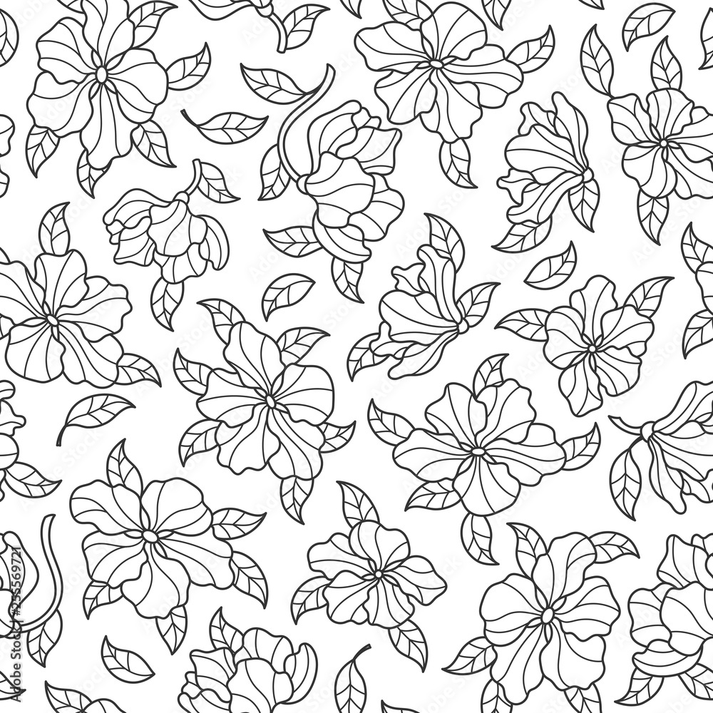 Seamless pattern with flowers, buds and leaves, dark outline patterns on white background Seamless pattern with flowers, buds and leaves, dark outline patterns on white background