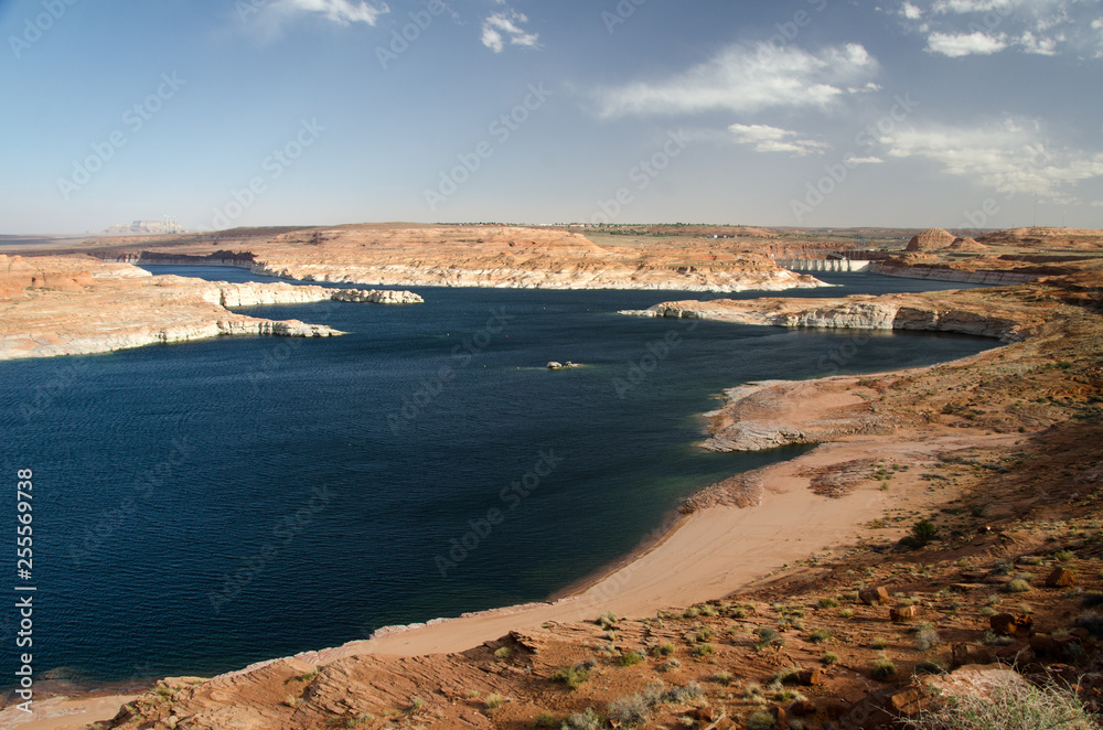 Lake Powell and Colorado River Landscape with the Glen Canyon Dam and Coal Fired Navajo Power Plant, Page, Arizona, USA