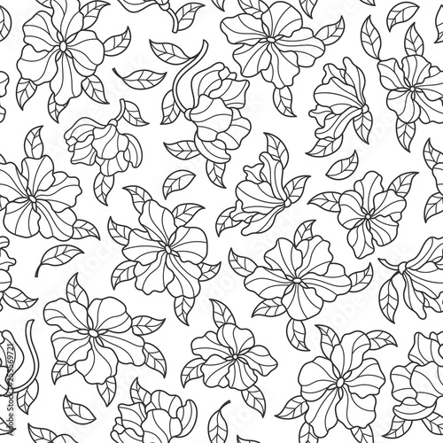 Seamless pattern with flowers, buds and leaves, dark outline patterns on white background