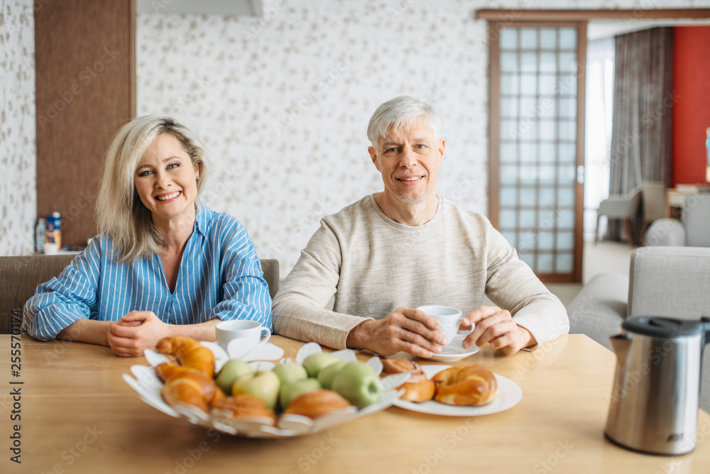 Breakfast of adult love couple at home Breakfast of adult love couple at home