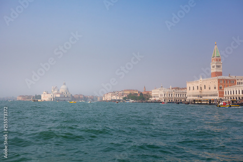 VENICE, ITALY - OCTOBER 06, 2017: Doge's palace, Campanile on Piazza di San Marco and punta della Dagana on background, Venice, Italy
