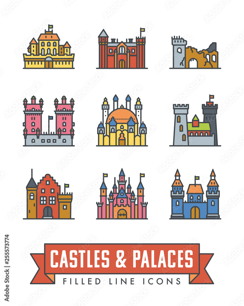 Castles, palaces and fortresses vector color icons. Set of 9 illustrations..