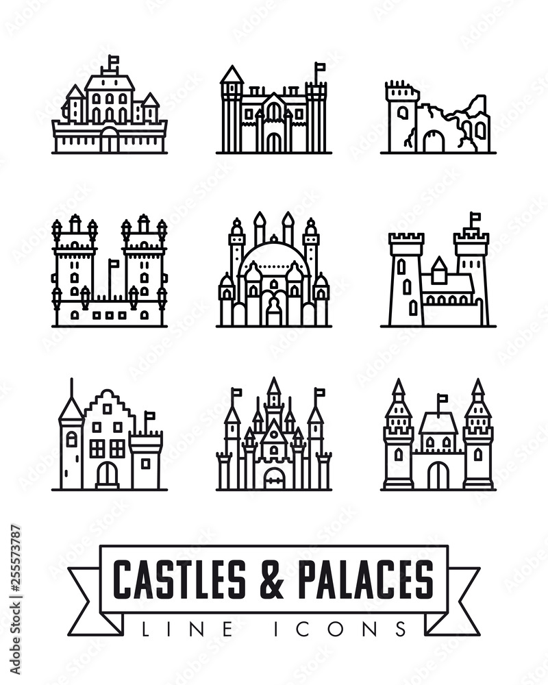 Obraz premium Castles, palaces and fortresses vector icons. Set of 9 illustrations.