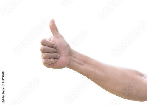 Thumb up of man's hand isolated on white background with clipping path for like, approval and agreement