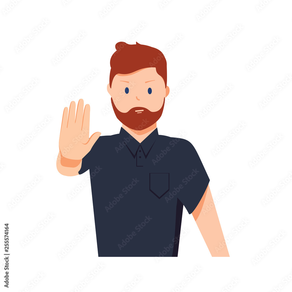 Serious man shows stop gesture. Vector illustration in cartoon style. Cartoon charcter deny, stop expression. Rejection