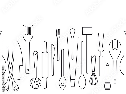 Cooking utensils outlines seamless border