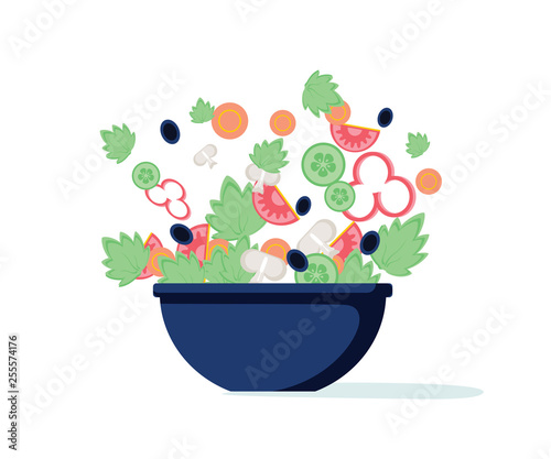 Salad bowl. Green salad with peppers, tomato, cucumber, mushrooms, olives. Vector. Green salad of fresh vegetables