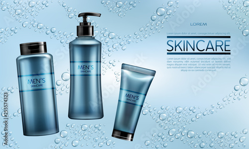Mens cosmetics, skincare hydration products line 3d realistic vector advertising banner, promo poster with shampoo, shower gel or soap, shaving lotion or moisturizing cream bottles, tubes illustration