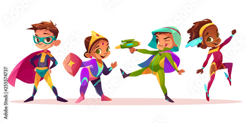 Happy multiethnic children characters playing and having fun in superheroes or fairytale costumes cartoon vector illustration isolated on white background. Preschooler boys and girls costumed party