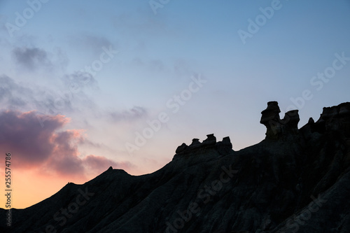Silhouttes of rock formations in the Valley of the Statues, Qeshm Island, Iran