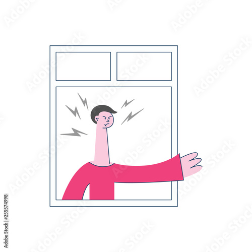 Vector angry man threatening gesture of the window