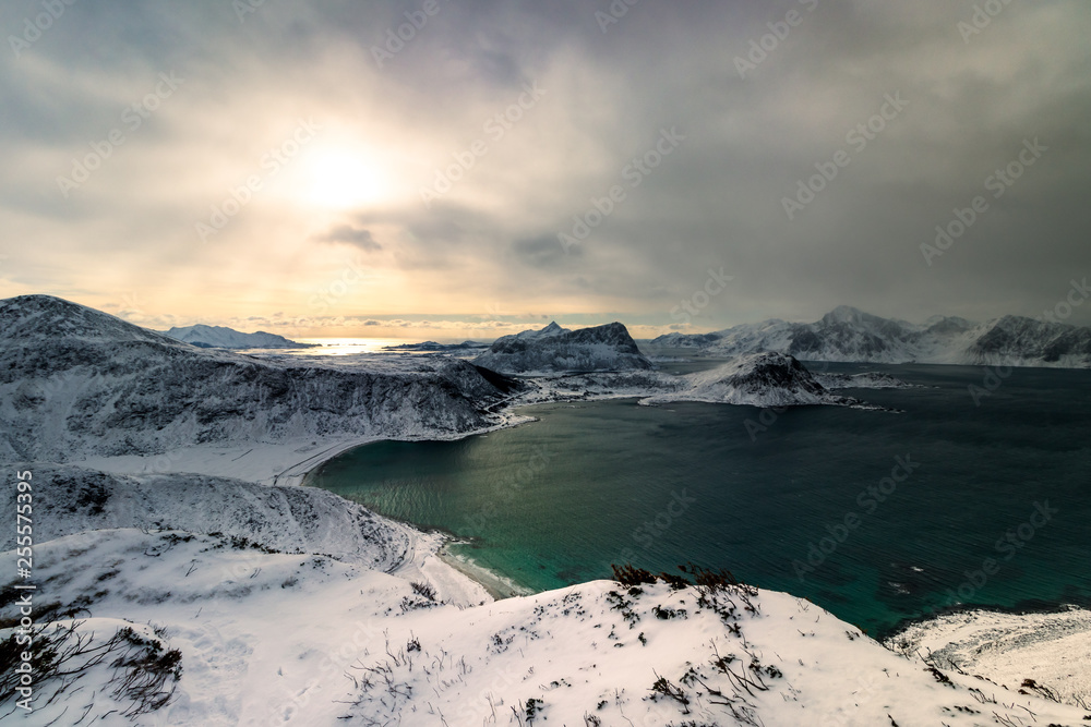 View from Mannen Mountain down to Haukland Beach in winter on the Lofoten Islands in Norway