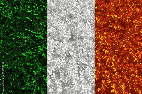 Irish flag with texture of leaves and bushes. Background wallpaper for installation and design. Space for text.