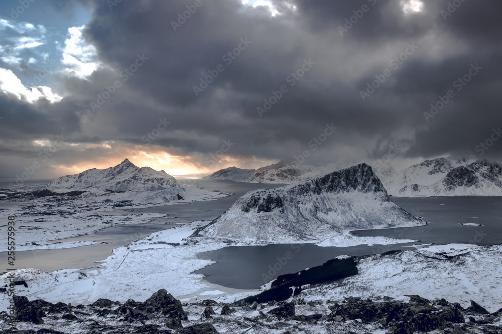 Panoramic view of Lofoten Landscape in winter from the summit of Holandsmelen near Leknes in Norway 