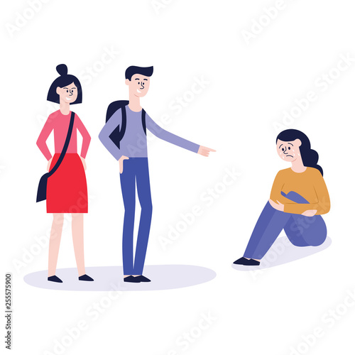 Vector bullying of child girl sitting alone flat