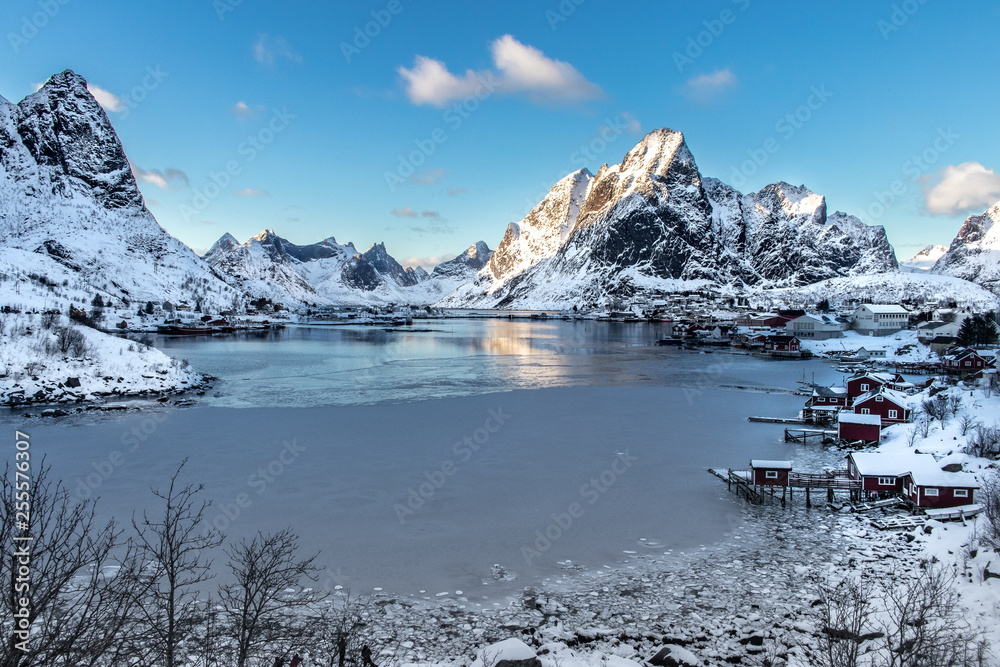 Panoramic view of a fjord and the village of Reine on the Lofoten Islands in Norway in winter