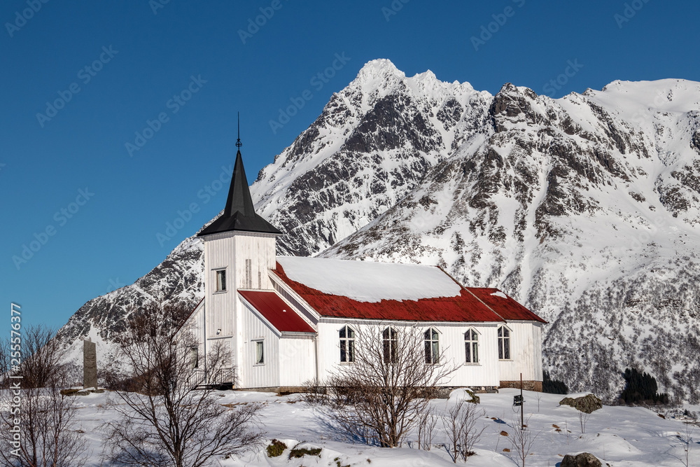 The old Church in Sildpolness on the Lofoten Islands in Norway in winter