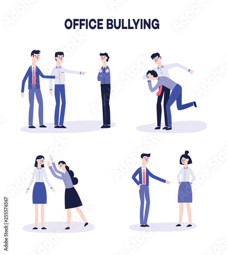Vector office harassment, bully men mocking victim