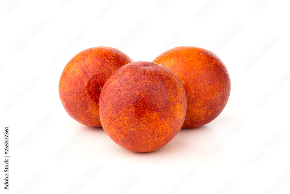 Bloody orange on a white background. Three red orange close-up on a white background. Bloody orange on a white background. Three red orange close-up on a white background.