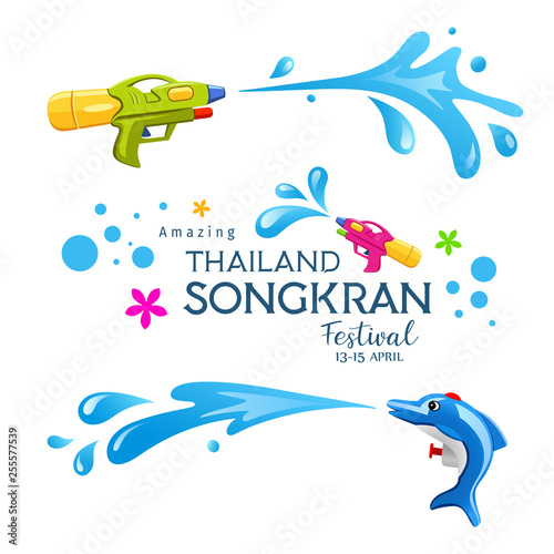 Happy Amazing Songkran Thailand festival colorful gun and Water Splash collections design, vector illustration photo