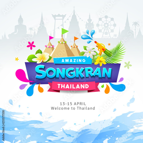 Bilde på lerret Happy Amazing Songkran Thailand Festival colorful ribbon banner water splash des