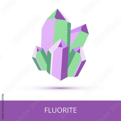 Vector mineralogy icon of calcium fluoride mineral – fluorite CaF2 from the mohs scale of mineral hardness. Violet or purple green crystalline stone or gemstone crystal isolated on a white background.