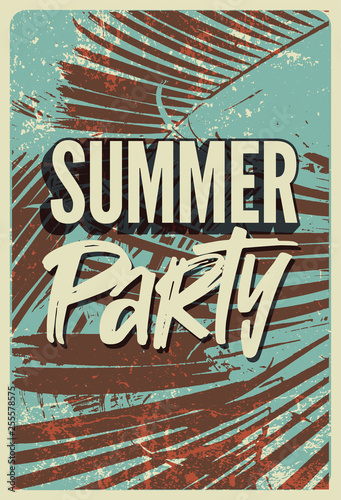 Summer Tropical Party typographic vintage poster design with palm leaves. Retro vector illustration.