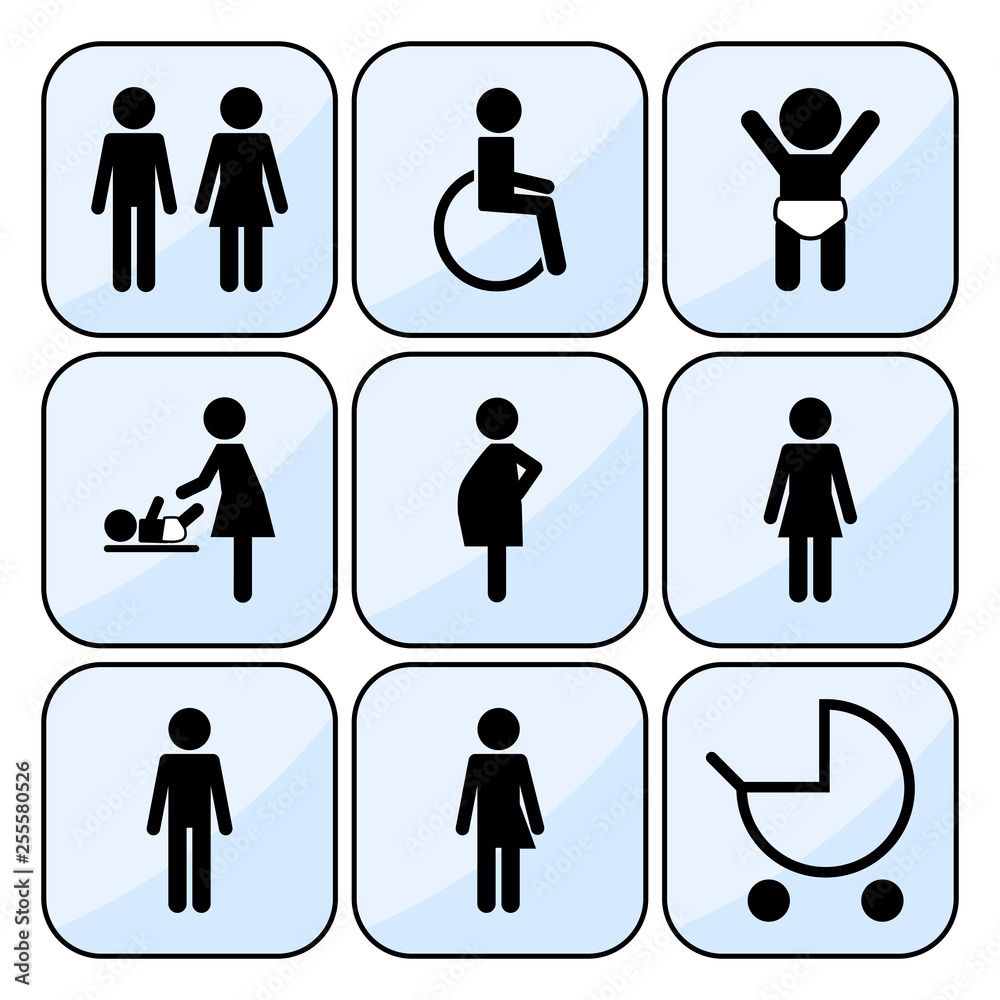 Restroom Icons: man, woman, wheelchair person symbol, baby changing. People icon Restroom Icons: man, woman, wheelchair person symbol, baby changing. People icon
