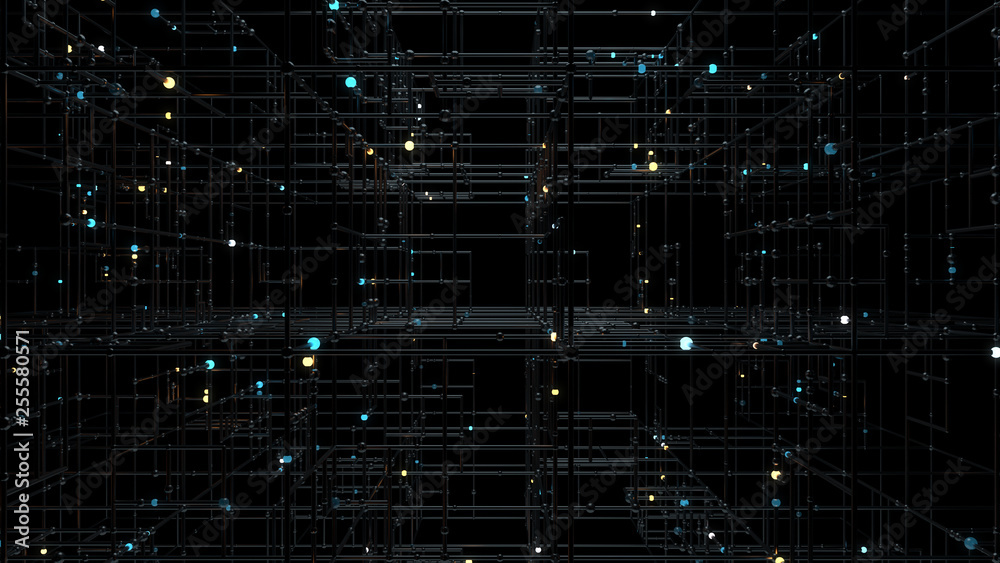 3d render of grid with bright sphere on the edges. Complex technology ...