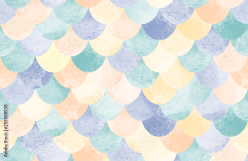 Texture of fish scales and waves. Vector watercolor seamless colorful fish skin. Abstract  background.