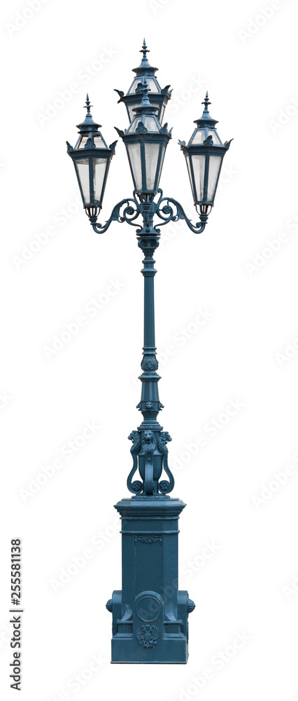 Dark blue lamp post in vintage style with massive base, isolated on a white background (design element)