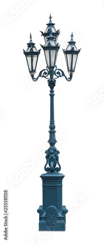 Dark blue lamp post in vintage style with massive base, isolated on a white background (design element) © Mikhail