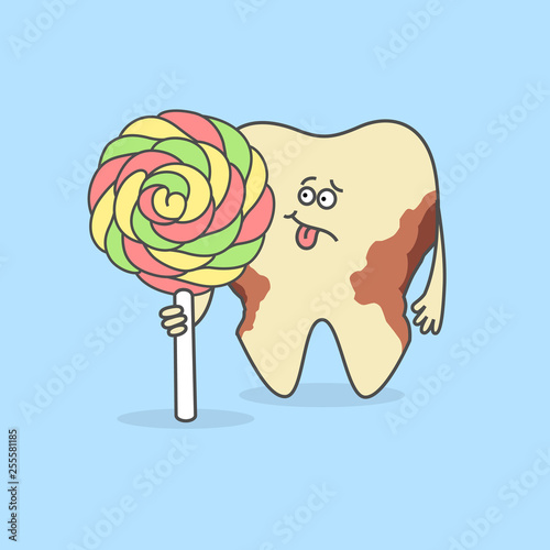 Tooth with a candy and decay or caries. Teeth discoloration. Dental care icon. Cartoon tooth. Bad food for your teeth.