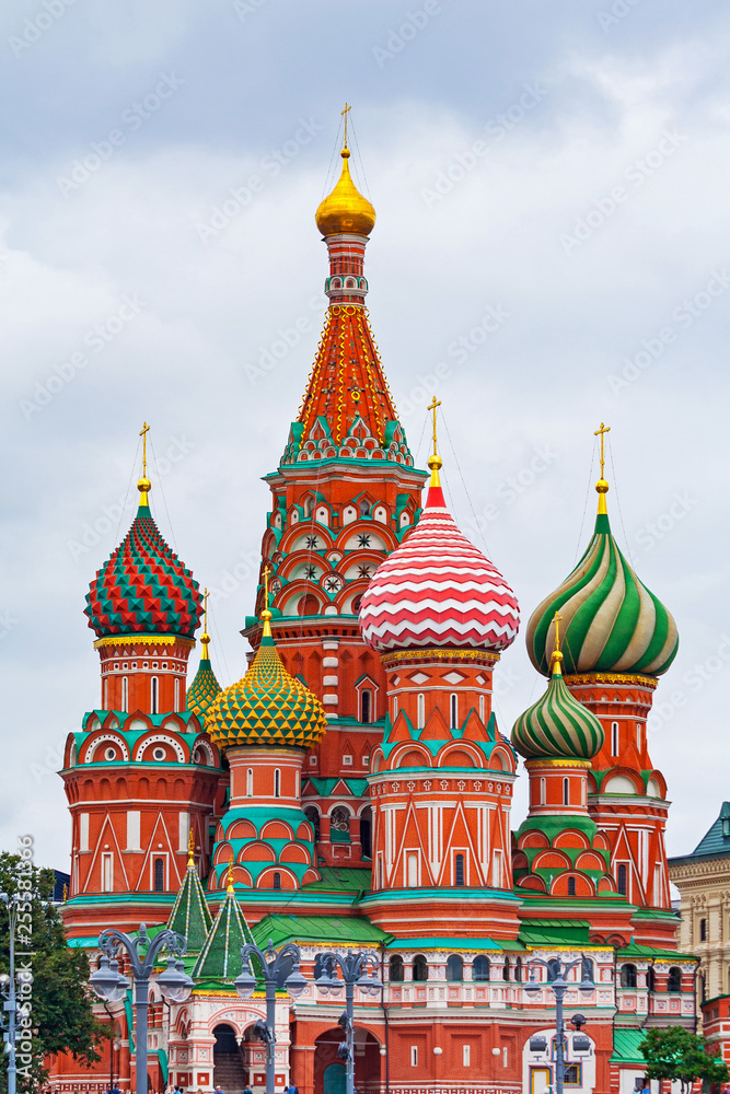 Saint Basil's Cathedral (Pokrovsky Cathedral) on Red Square in Moscow (Russia) against a gray cloudy sky